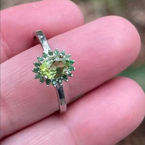 Natural Peridot & Tsavorite Halo Ring in 925 Sterling Silver Size 9